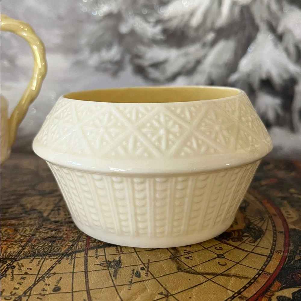 Vintage Belleek Ireland Creamer & Sugar Set | Embossed Basketweave Creamware